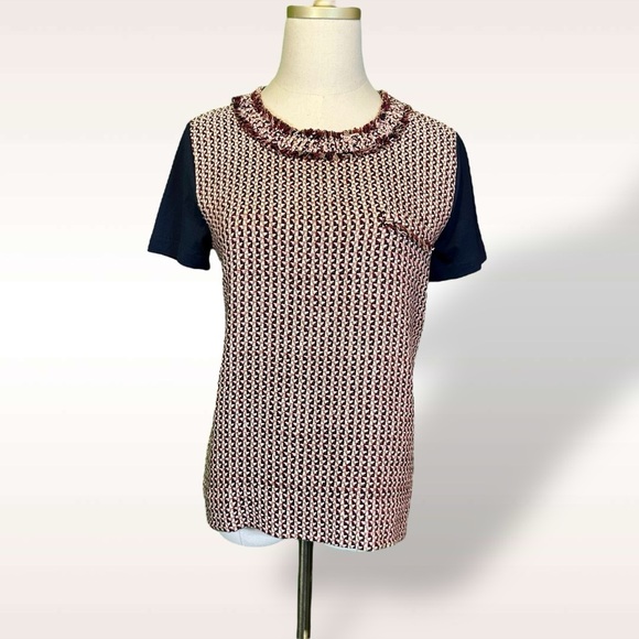 J. Crew Navy Blue, Burgundy & Camel Silk-Blend Tweed Front Tee Size Small - Picture 3 of 13